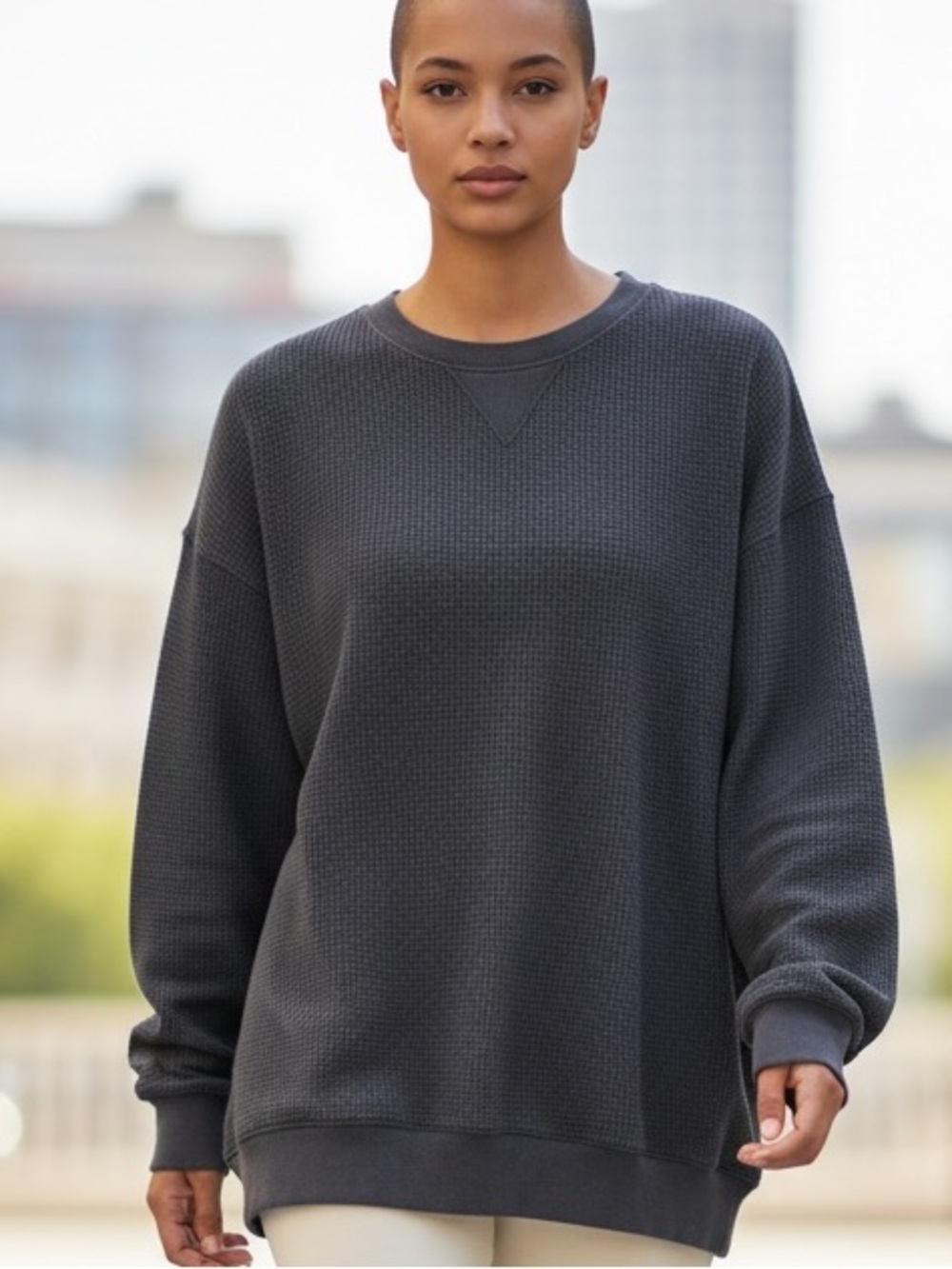 Aerie Black Waffle-Knit Crew‎ Sweatshirt